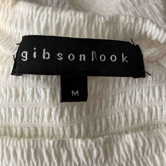 Gibson Look White Asymmetrical Cold Shoulder Smocked Short Sleeve Top NWT Medium - Picture 5 of 8